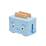 A light blue toaster with a cute cartoon face, featuring two slices of toast in the slots, isolated on a white background.