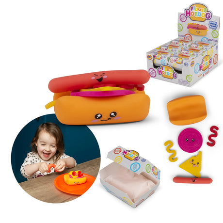 Fidget hotdog squishy toy pieces with packaging and child playing, sensory build fidget toy