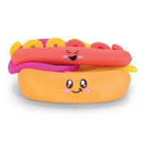 Squishy fidget hotdog toy with pink yellow and red toppings, build and squish sensory toy