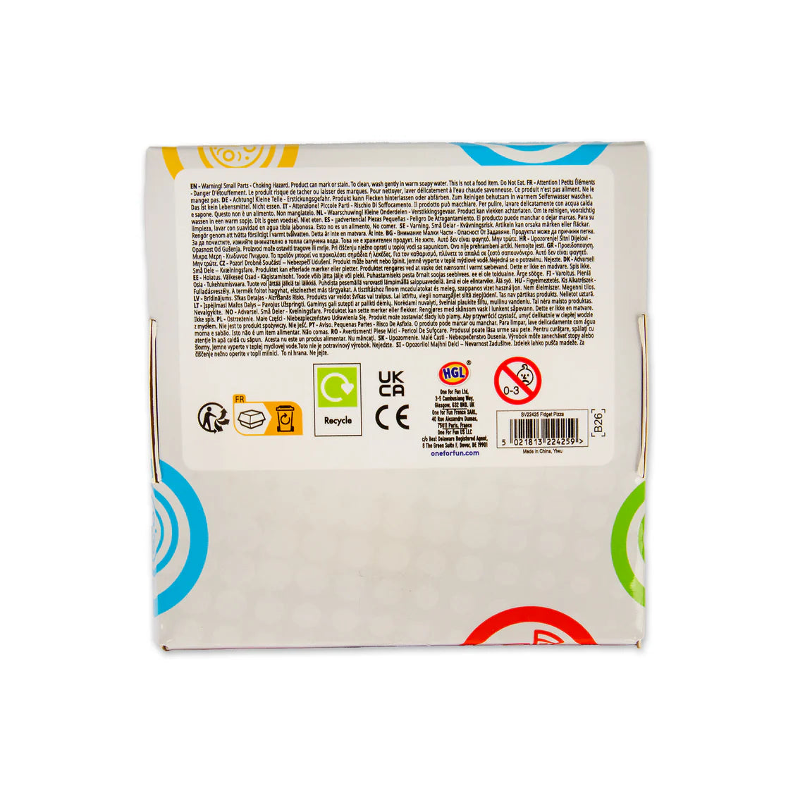 HGL Fidget Pizza packaging back with product details, build it squish it sensory toy box