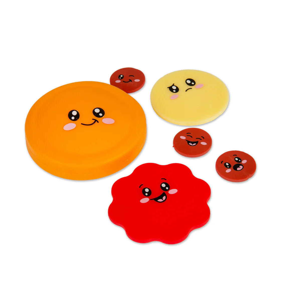 Six squishy fidget pizza pieces separated, orange cheese and pepperoni sensory toy set