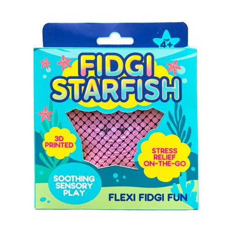 Fidgi Starfish packaging box in teal and yellow ocean themed design showing the product through a window