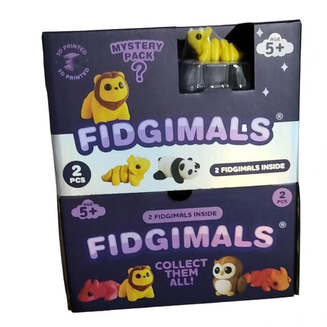 Fidgimals 3D printed articulated animal mystery 2-pack packaging box showing a lion figure and collectible character artwork