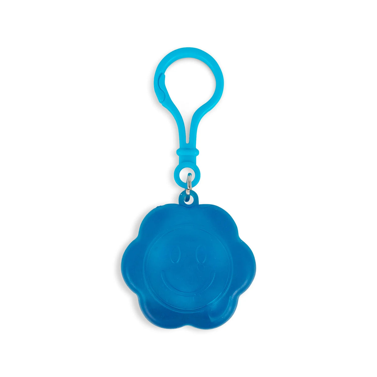 Blue Flower Power squishy sugar keyring with smiley face detail on white background