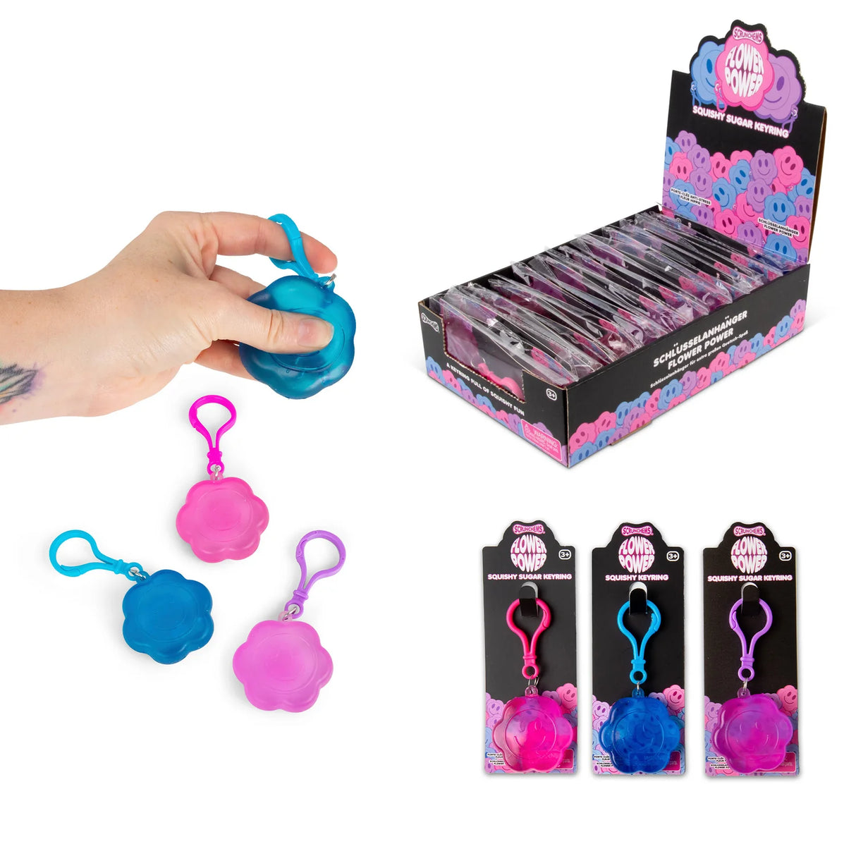 Scrunchems Flower Power squishy keyring retail display box alongside individual packaged keyrings in all three colours