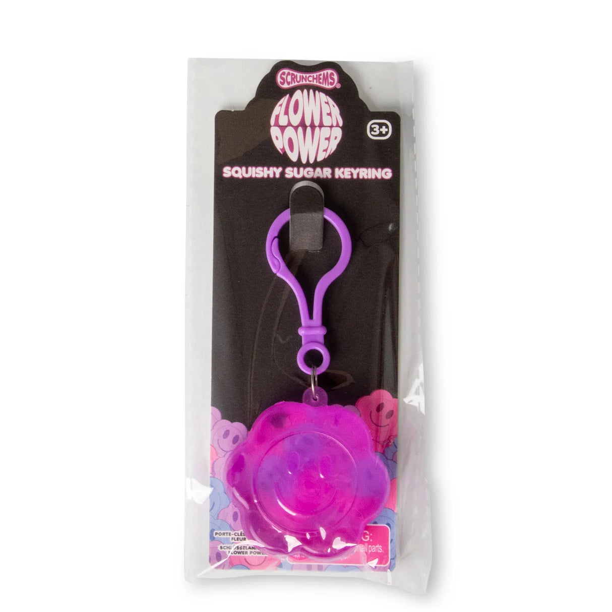 Purple Scrunchems Flower Power squishy sugar keyring on retail card packaging