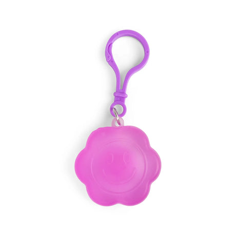 Purple Flower Power squishy sugar keyring with smiley face detail on white background