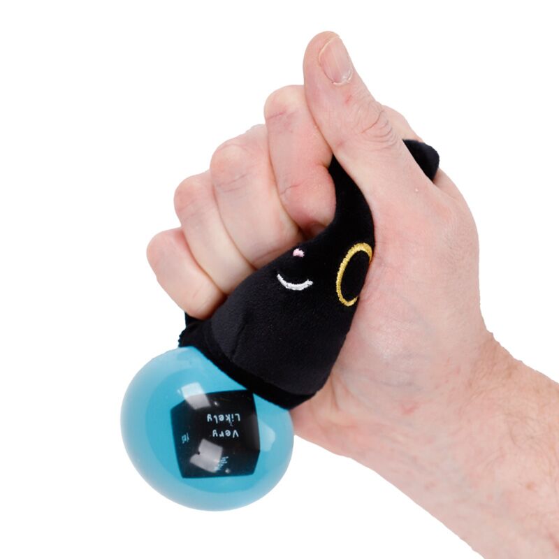Hand squeezing Fortune Squeezies Lucky the Black Cat magic fortune teller plush squeezy toy with blue magic ball showing very likely answer on fortune dice