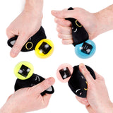 Hands squeezing Fortune Squeezies Lucky the Black Cat magic fortune teller plush squeezy toy showing four different coloured magic fortune dice balls in yellow, blue, green and pink
