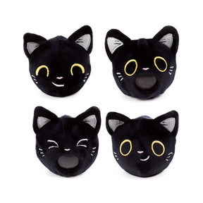 Fortune Squeezies Lucky the Black Cat magic fortune teller plush squeezy toy showing four different embroidered facial expressions on white background