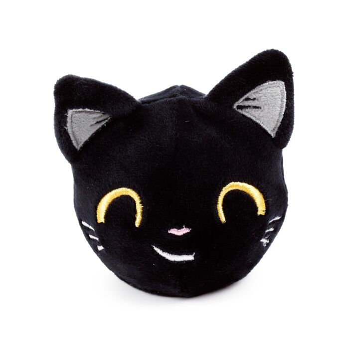 Fortune Squeezies Lucky the Black Cat magic fortune teller plush squeezy toy front view with happy curved yellow embroidered eyes on white background