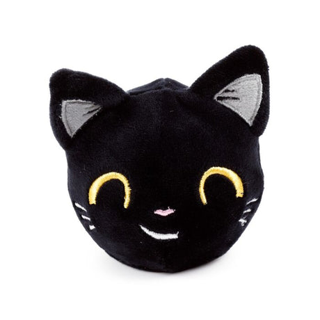 Fortune Squeezies Lucky the Black Cat magic fortune teller plush squeezy toy front view with happy curved yellow embroidered eyes on white background