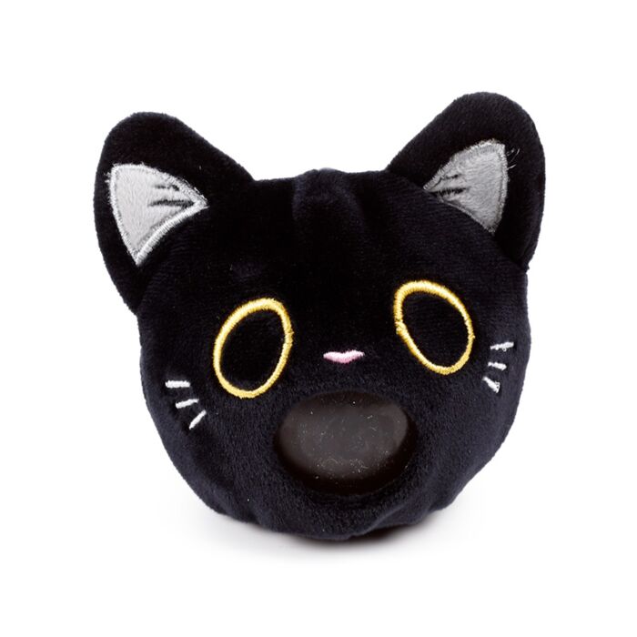 Fortune Squeezies Lucky the Black Cat magic fortune teller plush squeezy toy with wide yellow eyes showing magic fortune dice ball protruding from mouth
