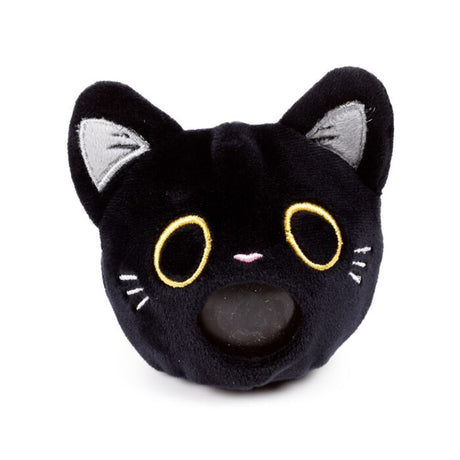 Fortune Squeezies Lucky the Black Cat magic fortune teller plush squeezy toy with wide yellow eyes showing magic fortune dice ball protruding from mouth