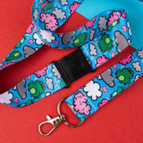 blue frog and clouds lanyard with black buckle and silver clasp