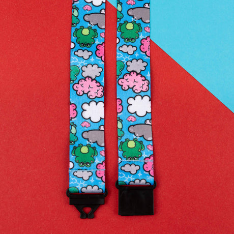 blue lanyard strap with green frogs and clouds pattern with black connectors