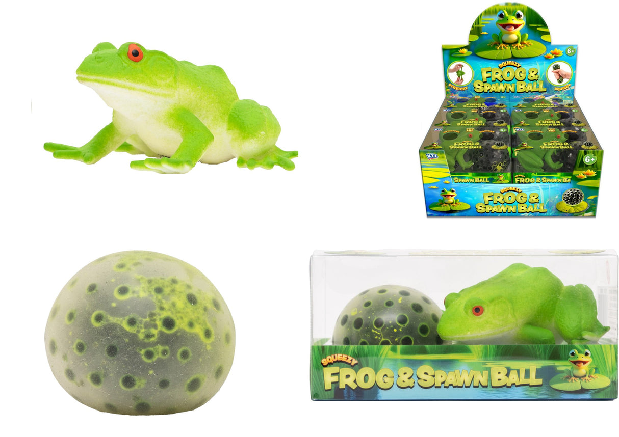 Frog and spawn ball fidget toys in retail display packaging. reen frog squishy toy with matching bubble spawn ball fidget