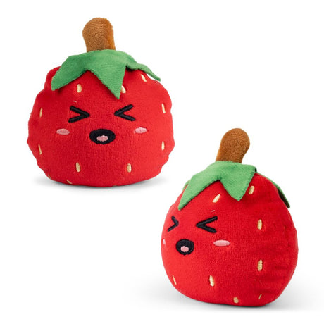 Two kawaii strawberry Fruit Squishy Plushies showing cheeky expression and soft plush detail sensory fidget toy