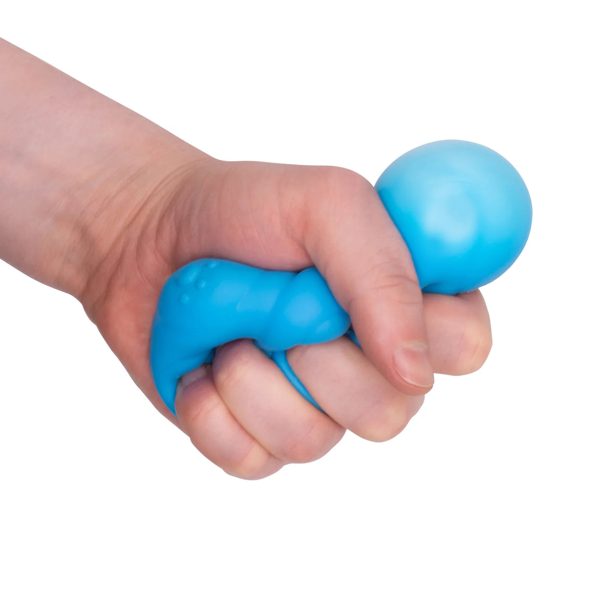 Hand squeezing a neon blue squish bear, showing the squishy material deforming