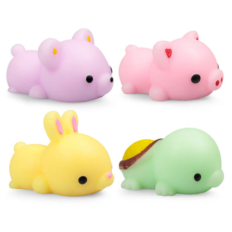 Four giant squishy buddy animal designs displayed together — lilac bear, pink pig, yellow bunny, and green turtle