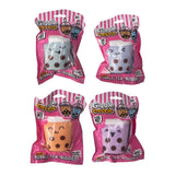 All four Giggletastic Bubble Tea Buddies squishy toys in pink striped polybag packaging