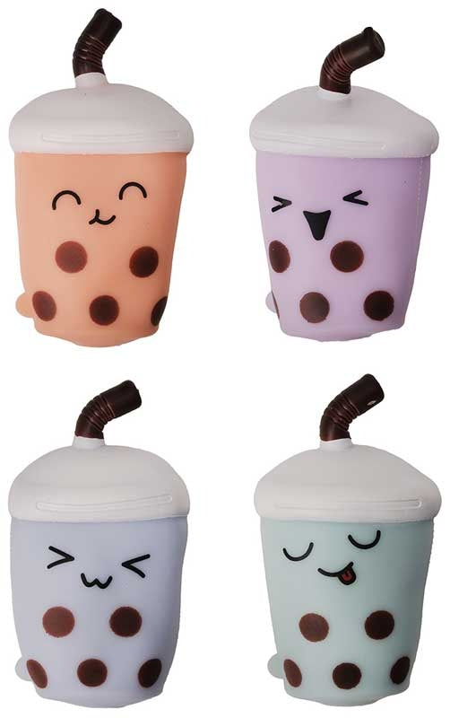 All four Giggletastic Bubble Tea Buddy squishy toys out of packaging showing peach, lilac, green and blue-mint variants