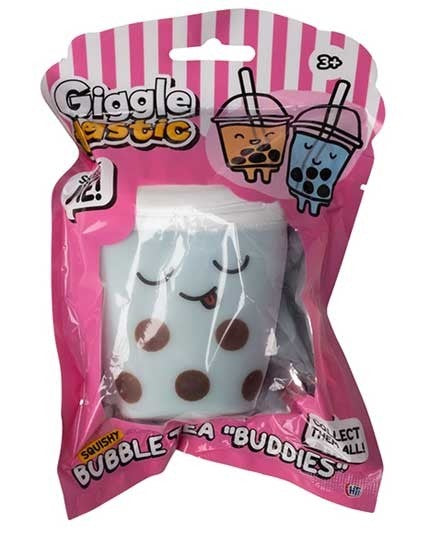 Green kawaii bubble tea squishy toy in Giggletastic pink polybag packaging