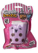 Lilac kawaii bubble tea squishy toy in Giggletastic pink polybag packaging