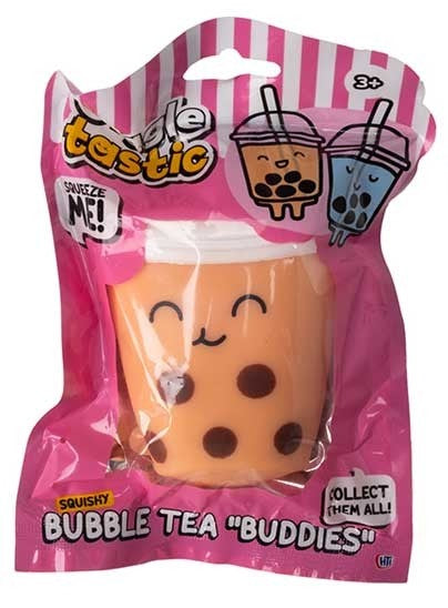 Peach kawaii bubble tea squishy toy in Giggletastic pink polybag packaging