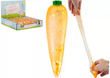 Glitter squishy carrot 15cm sugar maltose gel stretchy sensory fidget toy being stretched showing gold glitter fill alongside display box
