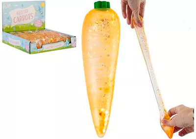 Glitter squishy carrot 15cm sugar maltose gel stretchy sensory fidget toy being stretched showing gold glitter fill alongside display box
