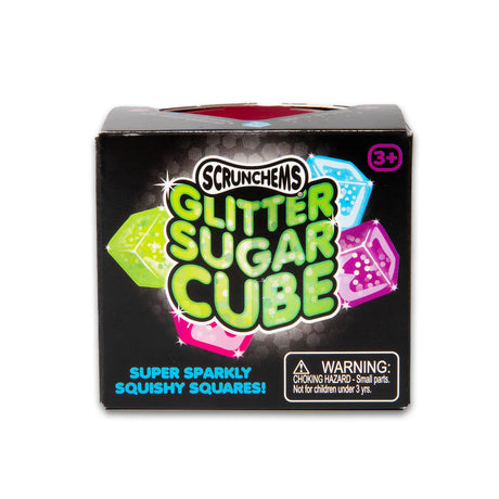 Front of Scrunchems Glitter Sugar Cube retail box with bold neon lettering on black background