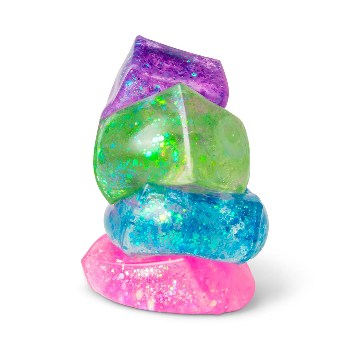 Pink, green, blue and purple Scrunchems Glitter Sugar Cubes stacked together showing iridescent glitter gel