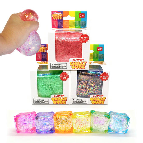 Glittery Chilly Cube toy set with packaging and a hand holding a cube.