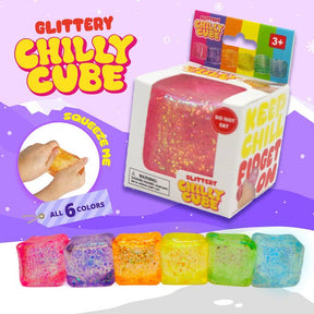 Glittery Chilly Cube packaging with colorful cubes on a purple background