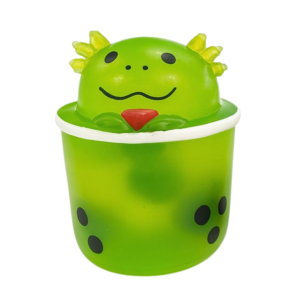 Green axolotl boba tea squish toy with spiky head and bubble tea cup body