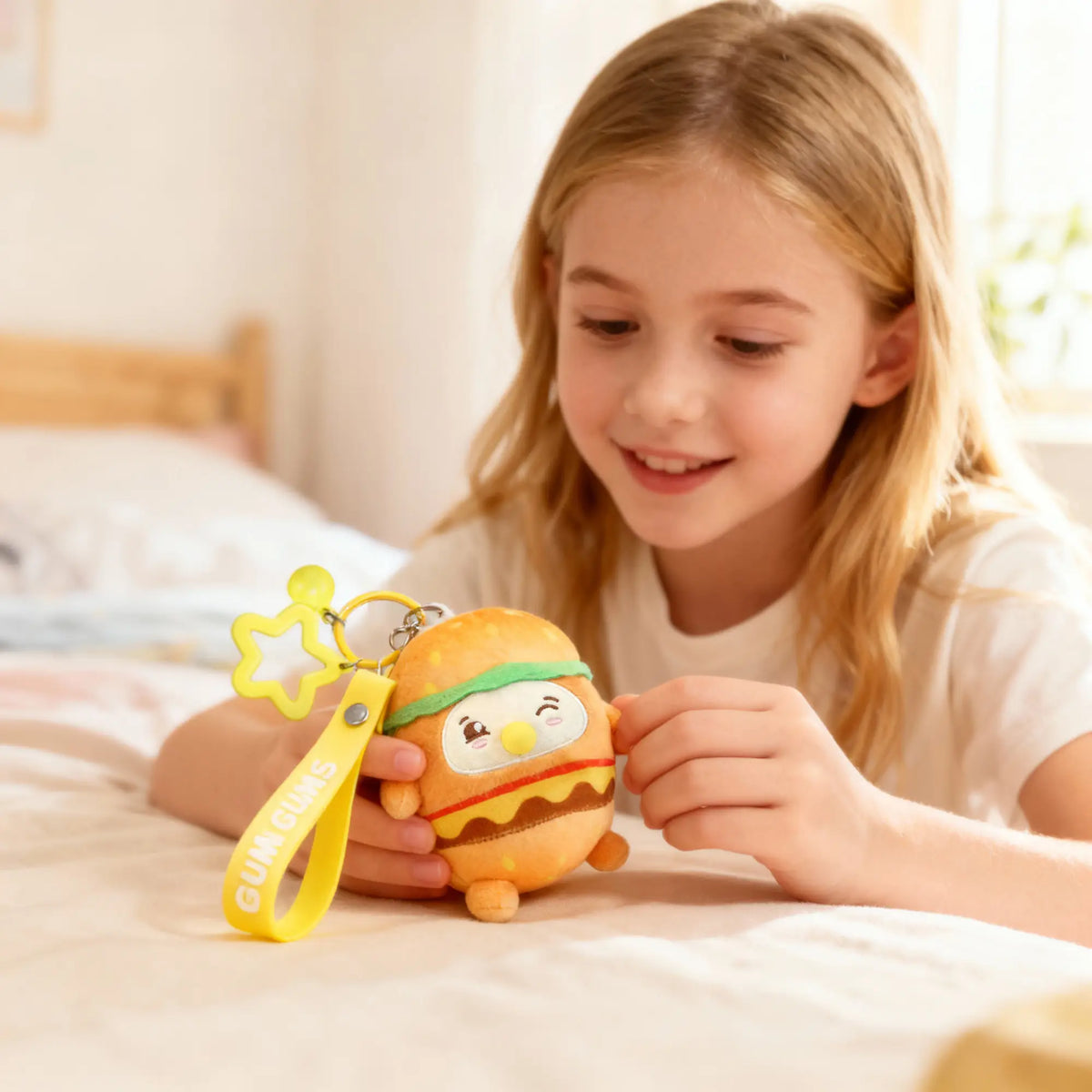 Child holding a burger Gum Gums keychain plush with yellow strap and star clip