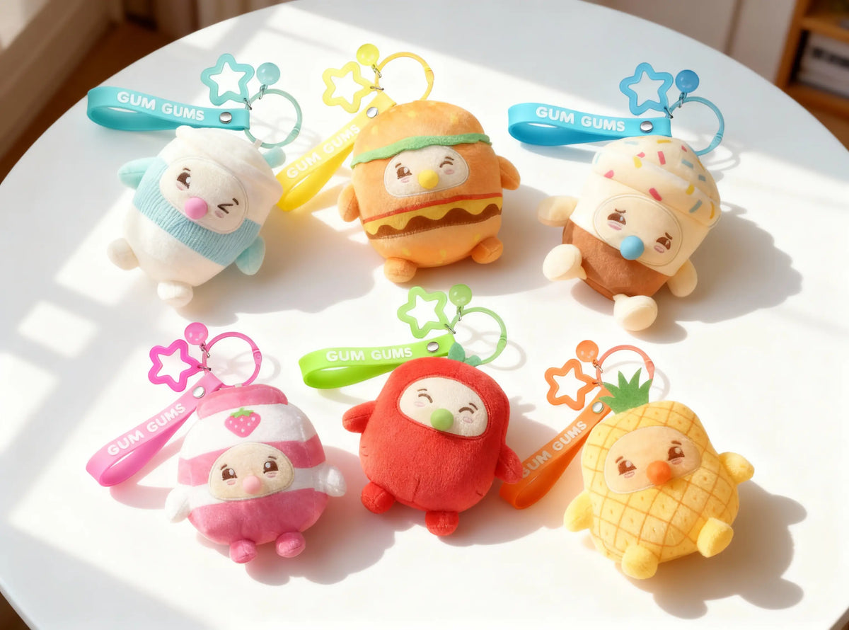 Six Gum Gums Bubble Buddies keychain plush characters with colourful straps and star clips