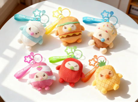 Six Gum Gums Bubble Buddies keychain plush characters with colourful straps and star clips