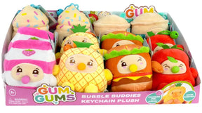 Gum Gums Bubble Buddies scented keychain plush display tray with pineapple, burger and apple characters