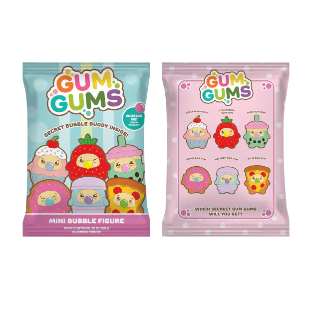 Two Gum Gums Mini Bubble Figure mystery packs side by side on a white background, one with a light blue background and one with a pink background, both showing various cute bubble character designs.