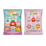 Two Gum Gums Mini Bubble Figure mystery packs side by side on a white background, one with a light blue background and one with a pink background, both showing various cute bubble character designs.