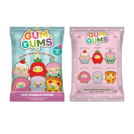 Two Gum Gums Mini Bubble Figure mystery packs side by side on a white background, one with a light blue background and one with a pink background, both showing various cute bubble character designs.
