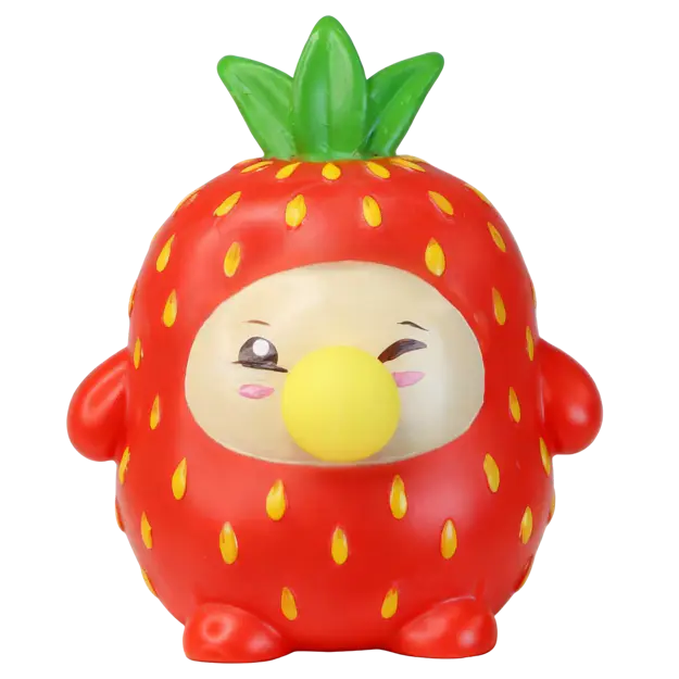 Red strawberry Gum Gums mini figure with yellow bubble, a scented squeeze toy collectible