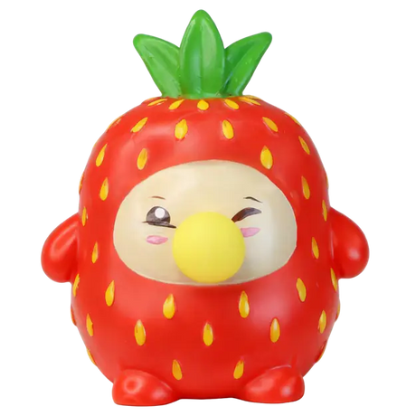 Red strawberry Gum Gums mini figure with yellow bubble, a scented squeeze toy collectible