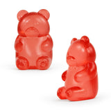 Two red gummy bear squishy toys, translucent sensory fidget toys front and side view