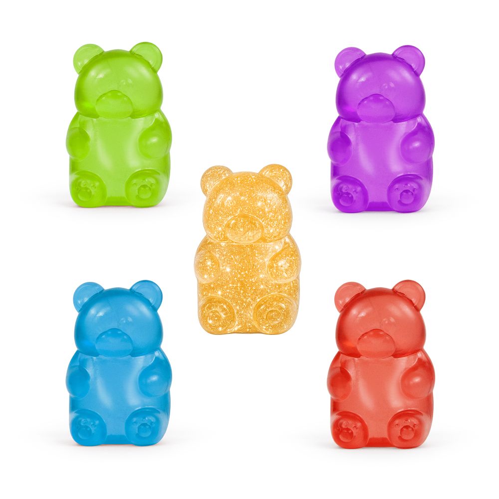 Gummy Bearz squishy toys in green purple gold blue and red, collectible sensory fidget toys