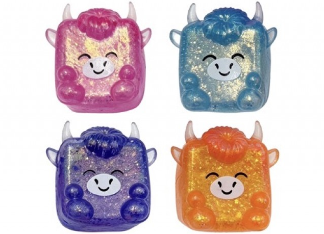 Pink, blue, purple and orange Hamish Highland Cow glitter maltose sugar cube squishies