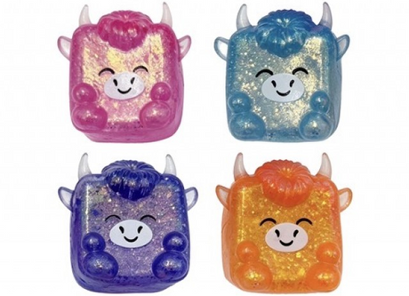 Pink, blue, purple and orange Hamish Highland Cow glitter maltose sugar cube squishies