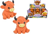 Hamish McSquish large Highland Coo squishy stretch sensory fidget toy showing two figures alongside display box